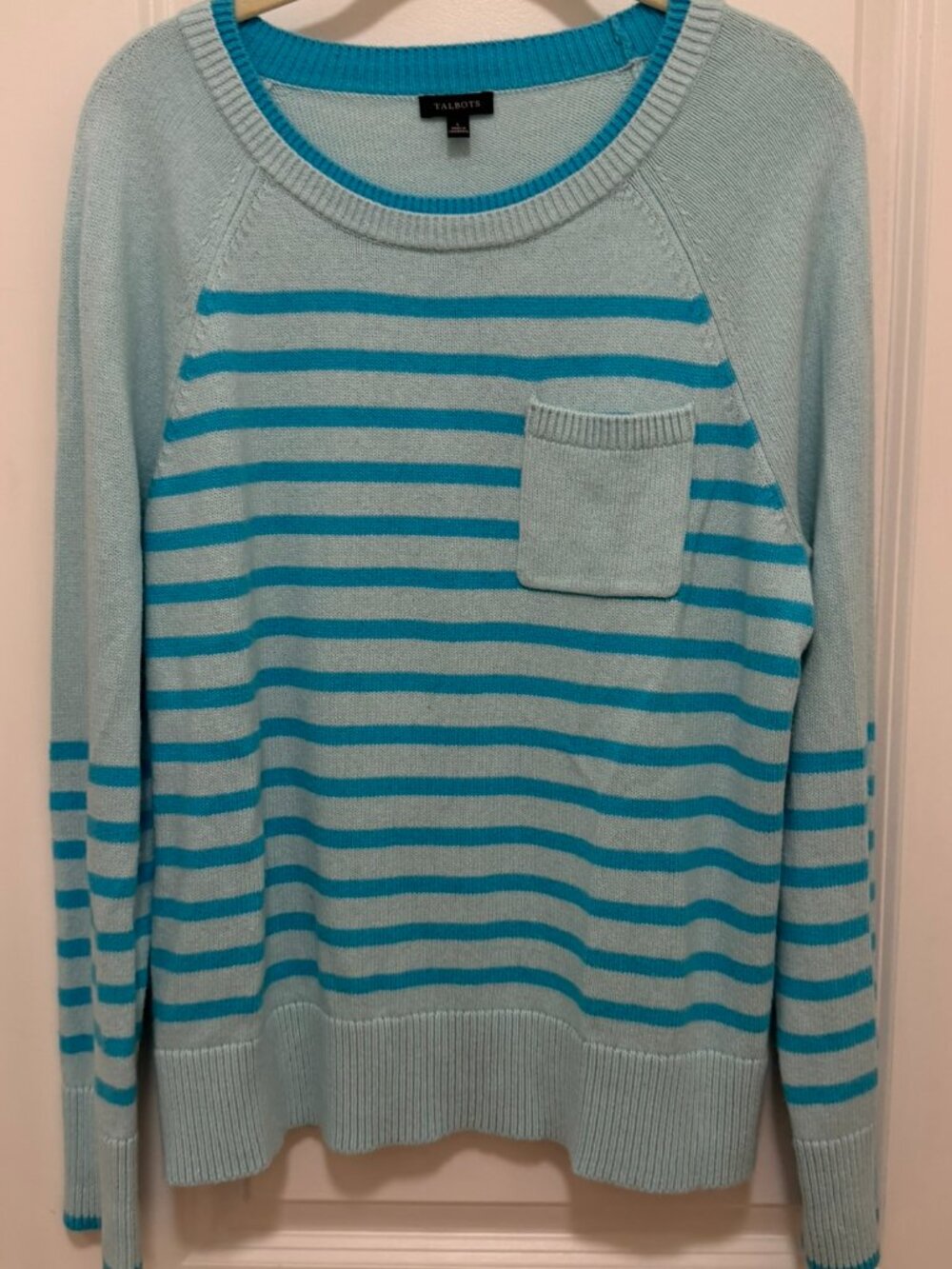 Talbots Aqua Blue Patch Pocket Sweater - Vacation Stripe - L